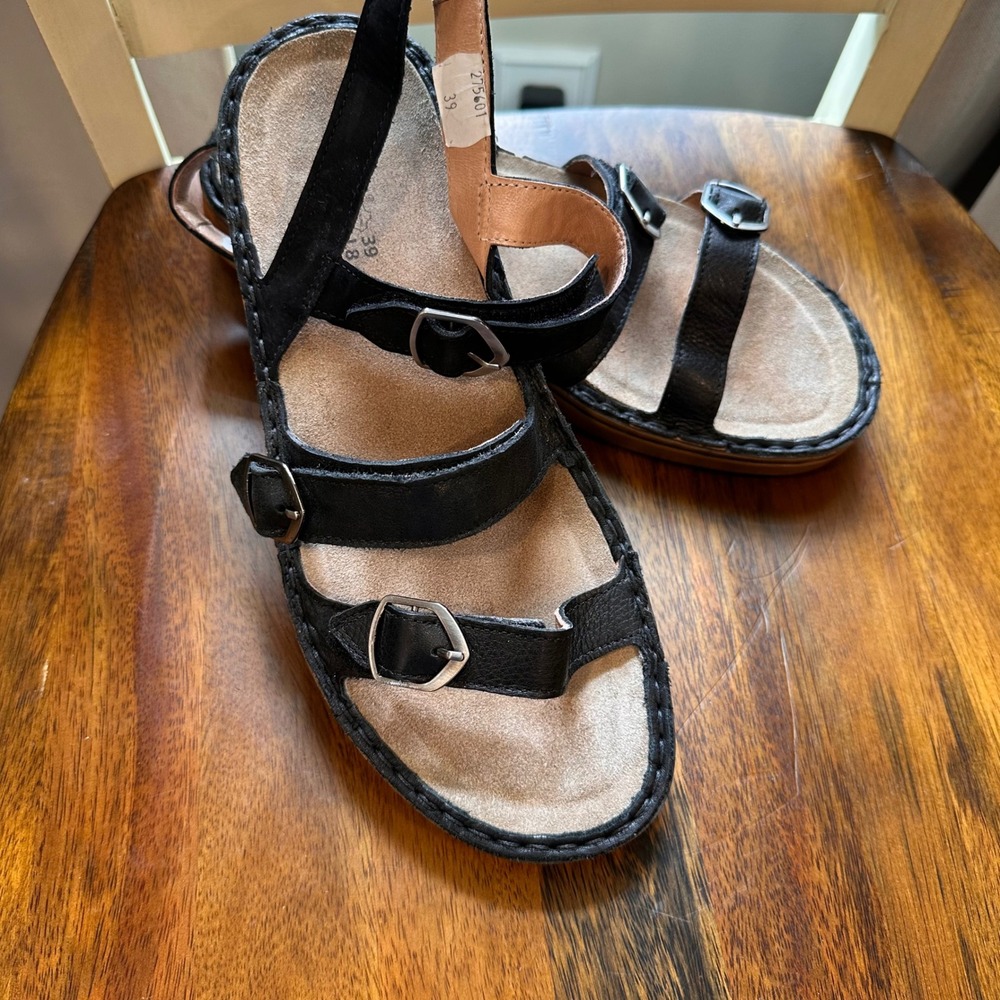 Naot Sandals Women 39 Black Leather Triple Strap Hook Loop Comfort Walking Shoes
